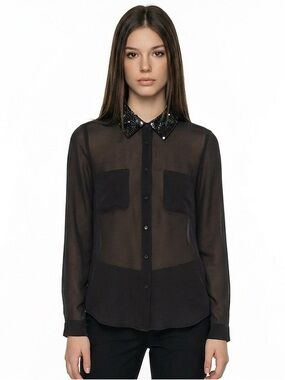 Wyatt Grey sequin collar sheer button down blouse